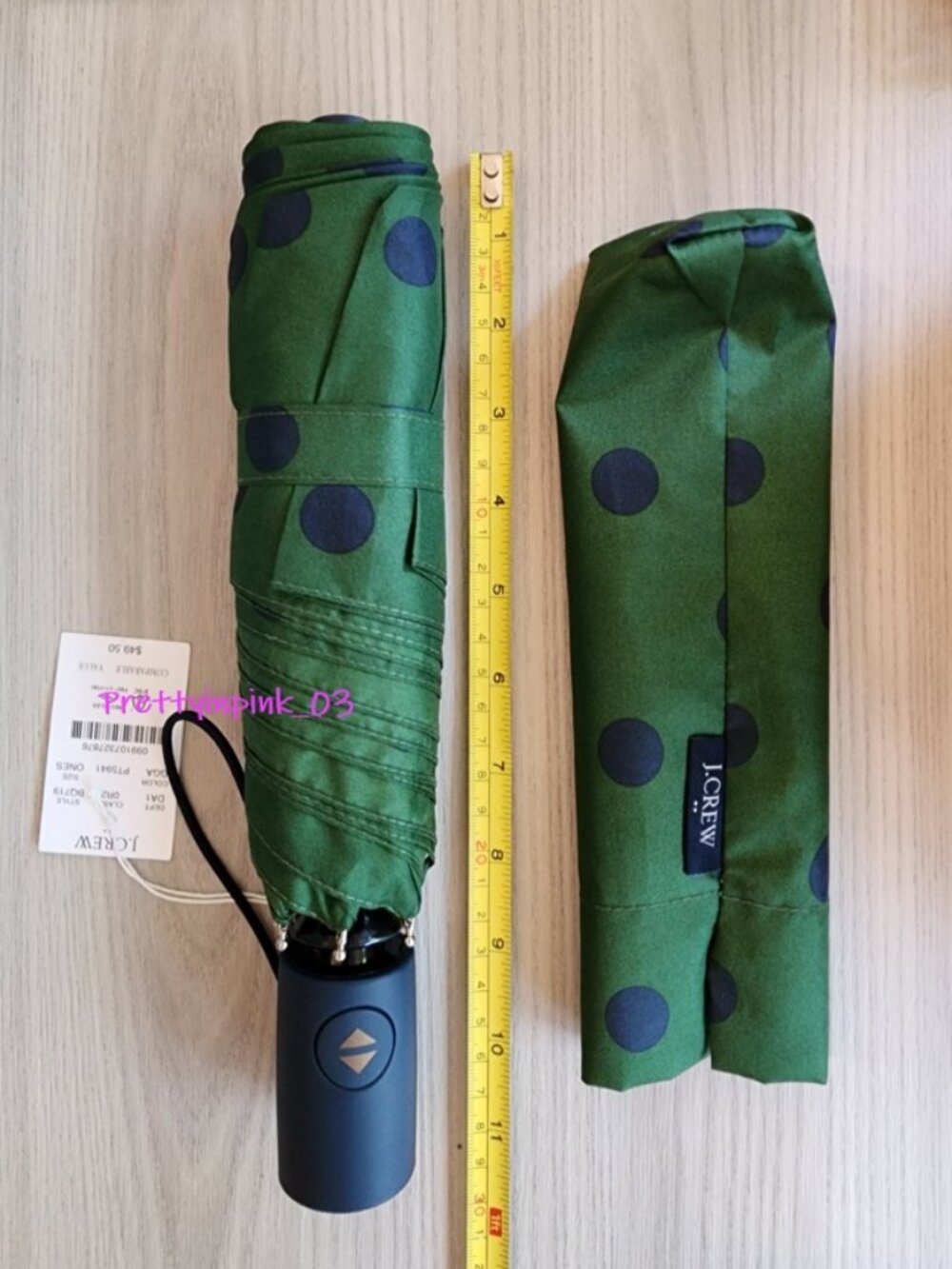 J.Crew Factory Umbrella Green Navy Polka Dot NEW - Picture 2 of 3